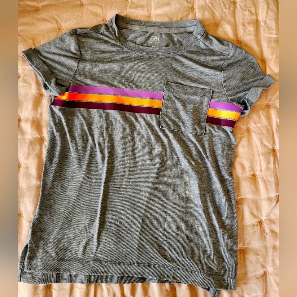 Athleta Girl gray performance tee with colorful stripes